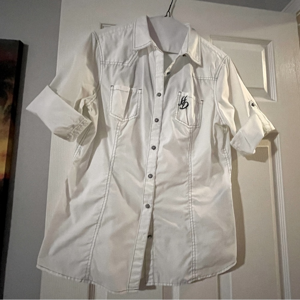 Harley-Davidson button-down short sleeve white shirt collared rhinestone top L